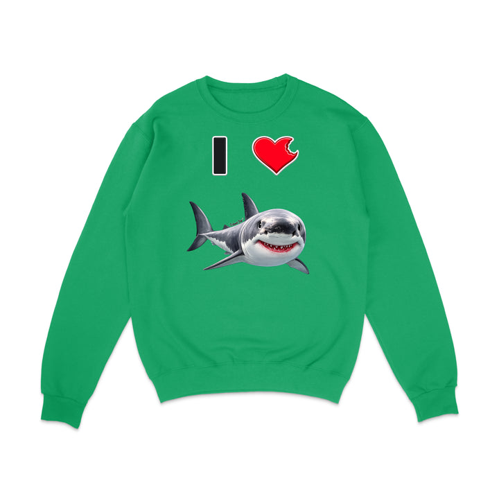 A bright green crewneck sweatshirt featuring a graphic print of a great white shark and the text 'I' followed by a red heart with a white outline.