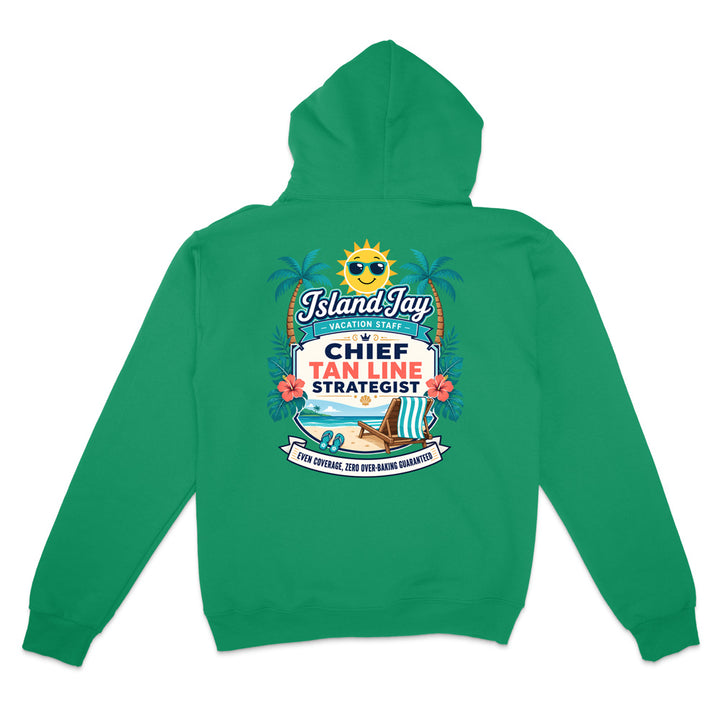 A green pullover hoodie shown from the back, featuring a colorful graphic print with palm trees, a sun, a beach chair, and the text 'IslandJays' and 'CHIEF TAN LINE STRATEGIST'.