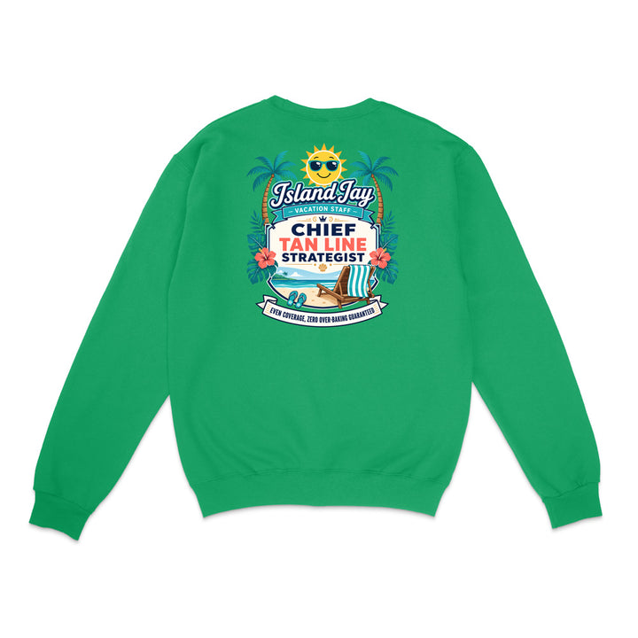 A bright green crewneck sweatshirt shown from the back, featuring a colorful graphic print with palm trees, a sun, and a beach scene with the text 'Island Tai', 'CHIEF TAN LINE STRATEGIST', and 'I AM AN ORIGINAL, NOT ANOTHER ORIGINAL'.
