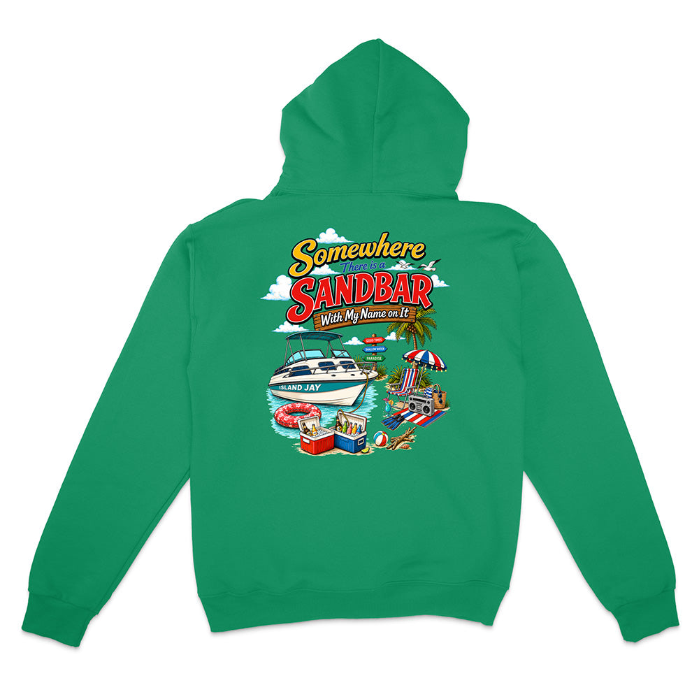 A green pullover hoodie shown from the back, featuring a colorful graphic print with the text 'Somewhere Sandbar With My Name on It' and beach-themed illustrations including a boat, umbrellas, and a cooler.