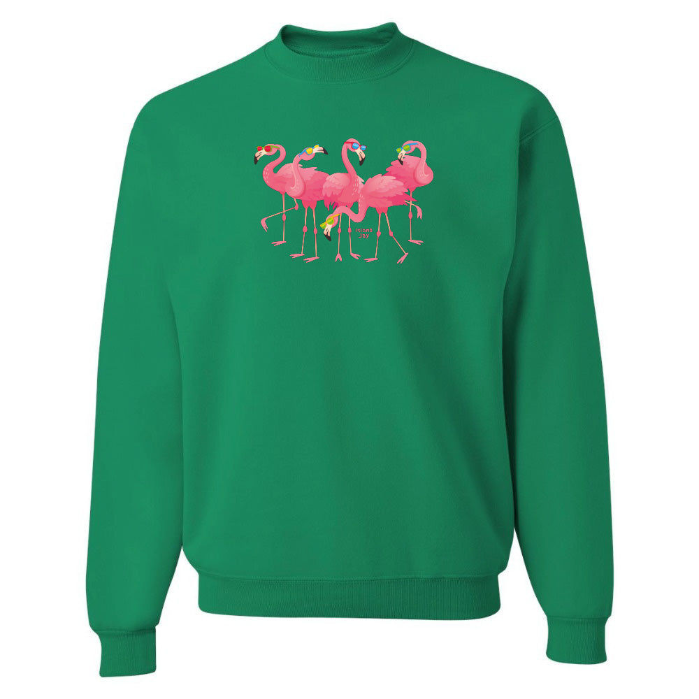 Green sweatshirt with pink flamingo design on a white background