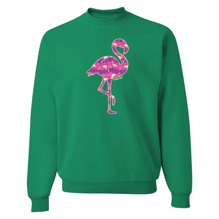 Green sweatshirt with a colorful flamingo design on a white background