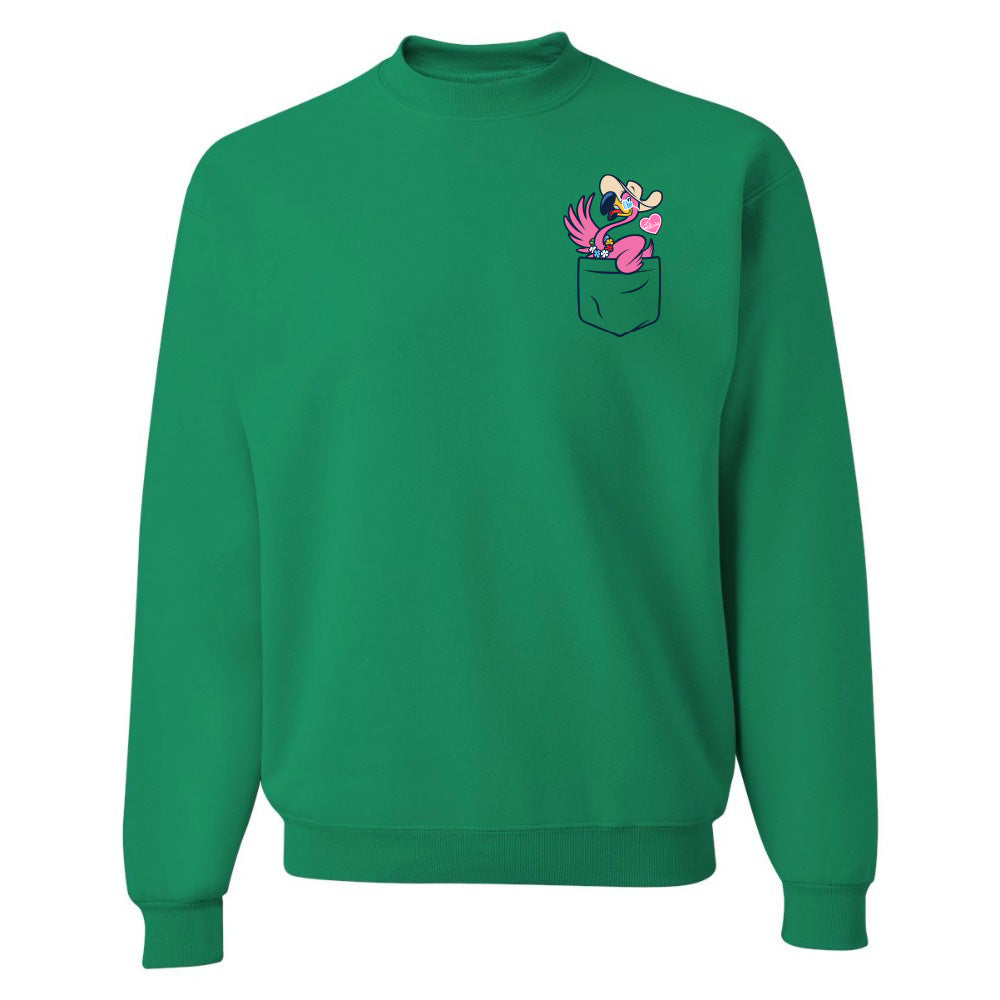 Green sweatshirt with a colorful design on the chest pocket against a white background