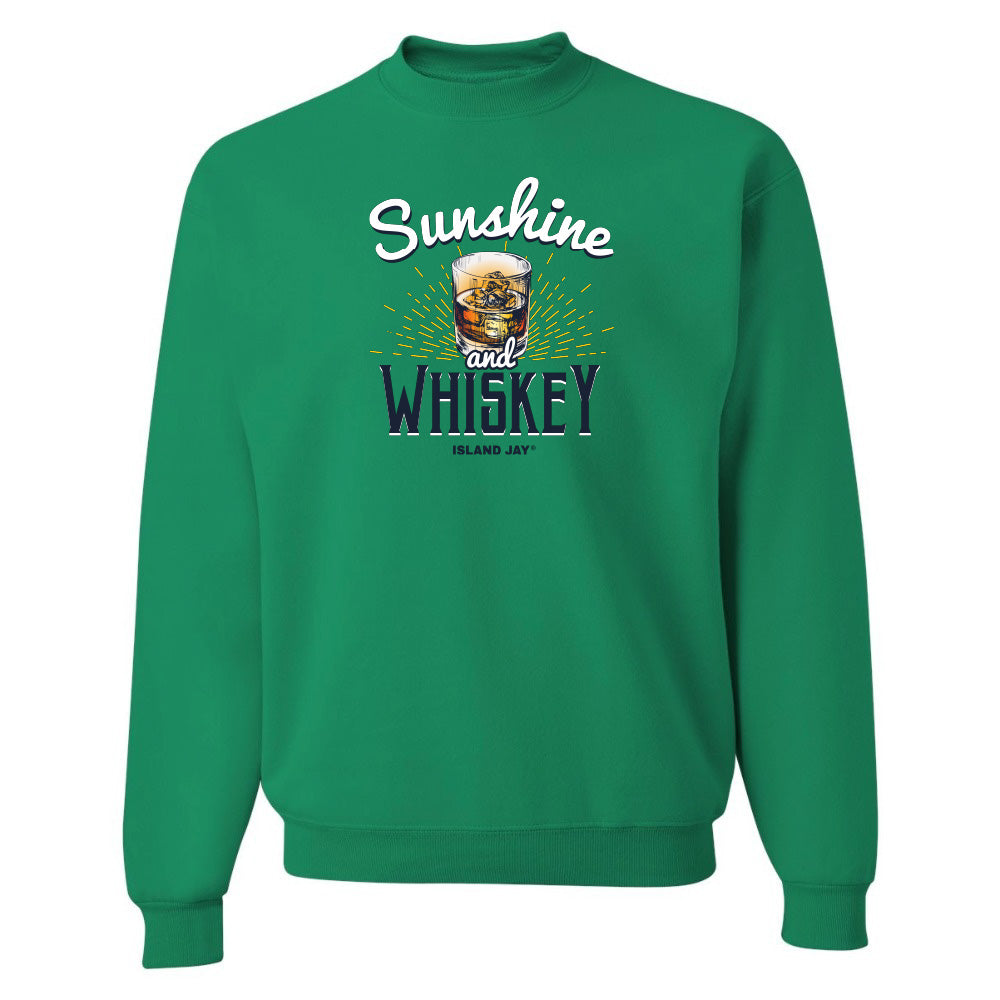 Green sweatshirt with 'Sunshine and Whiskey' text and graphic on a white background
