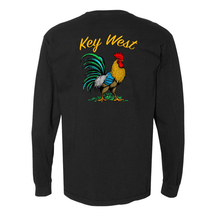 Black long-sleeve shirt with a colorful rooster graphic and 'Key West' text.