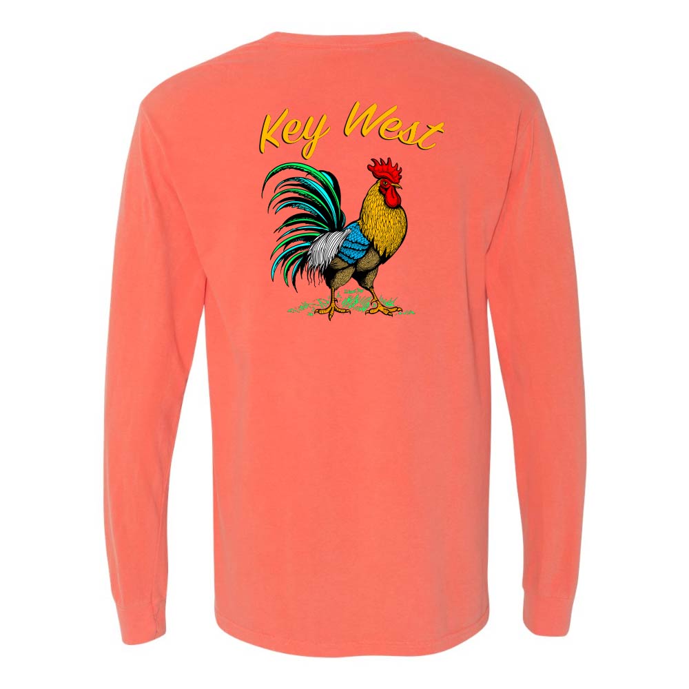 Light orange long-sleeve shirt with a colorful rooster graphic and 'Key West' text.