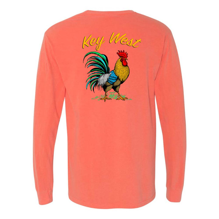Light orange long-sleeve shirt with a colorful rooster graphic and 'Key West' text.