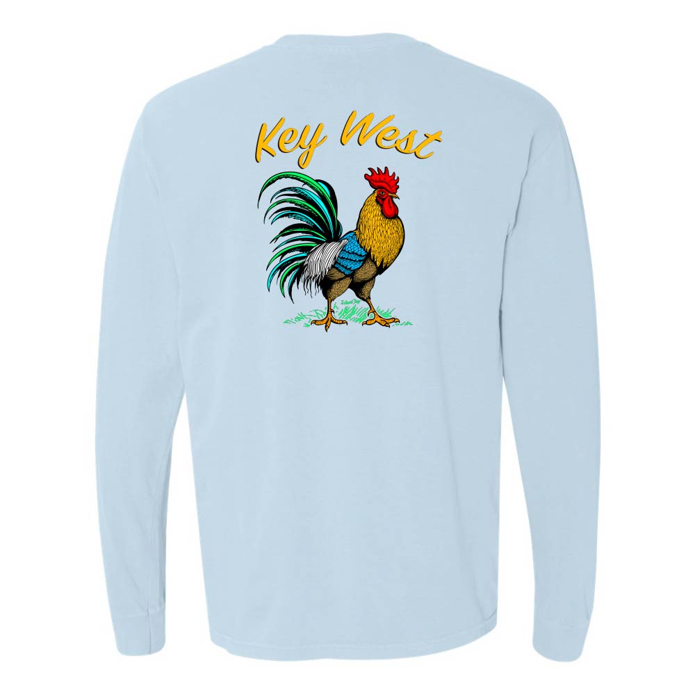 Light blue long-sleeve shirt with a colorful rooster graphic and 'Key West' text.