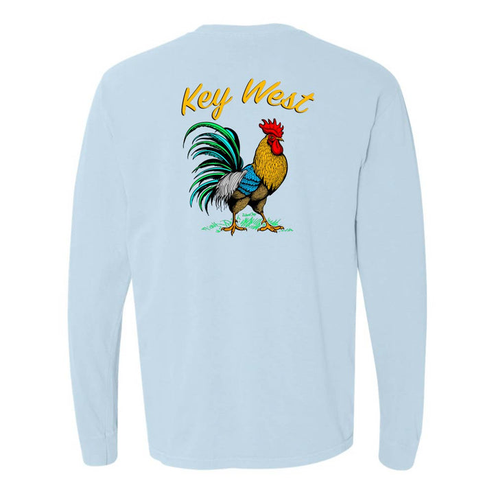 Light blue long-sleeve shirt with a colorful rooster graphic and 'Key West' text.