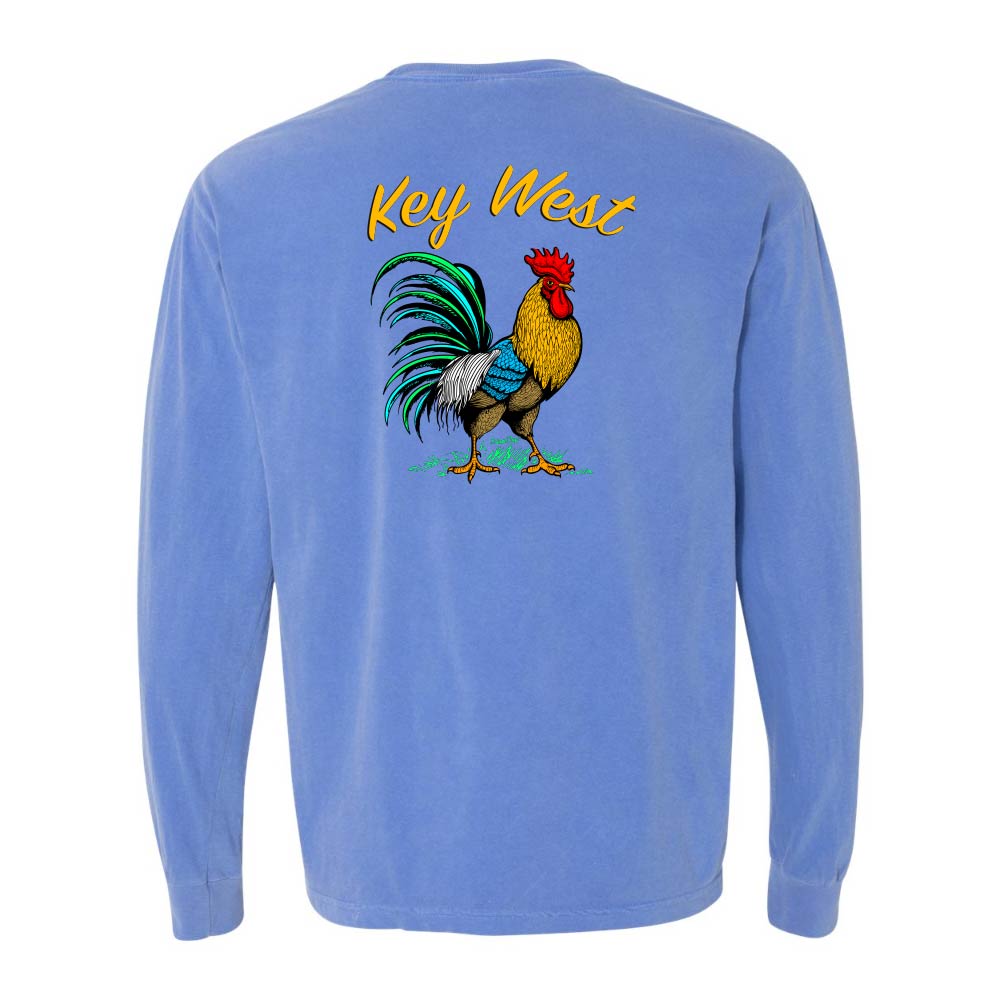 Blue long-sleeve shirt with a colorful rooster graphic and 'Key West' text.