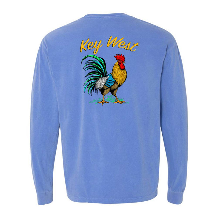Blue long-sleeve shirt with a colorful rooster graphic and 'Key West' text.