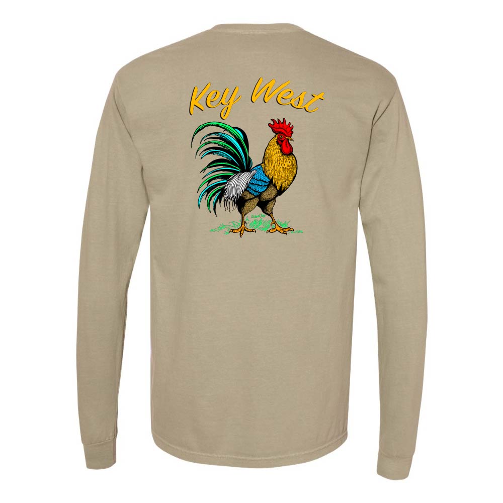 Khaki long-sleeve shirt with a colorful rooster graphic and 'Key West' text.