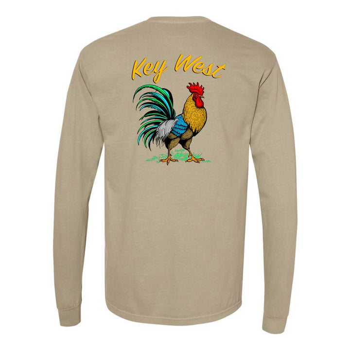 Khaki long-sleeve shirt with a colorful rooster graphic and 'Key West' text.