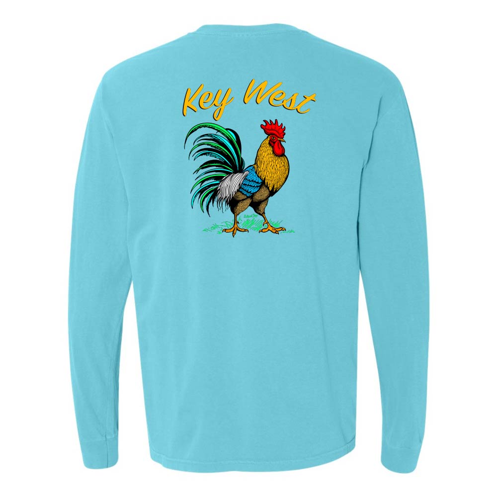Light blue long-sleeve shirt with a colorful rooster graphic and 'Key West' text.