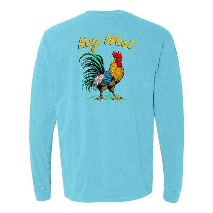 Light blue long-sleeve shirt with a colorful rooster graphic and 'Key West' text.