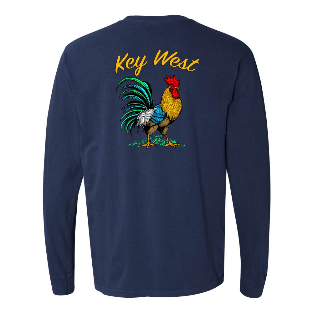 Navy long-sleeve shirt with a colorful rooster graphic and 'Key West' text.