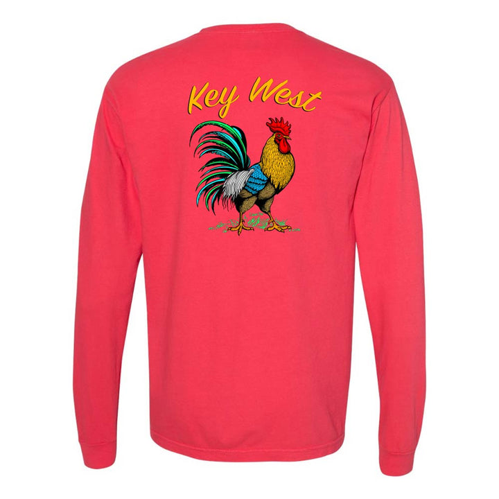 Red long-sleeve shirt with a colorful rooster graphic and 'Key West' text.
