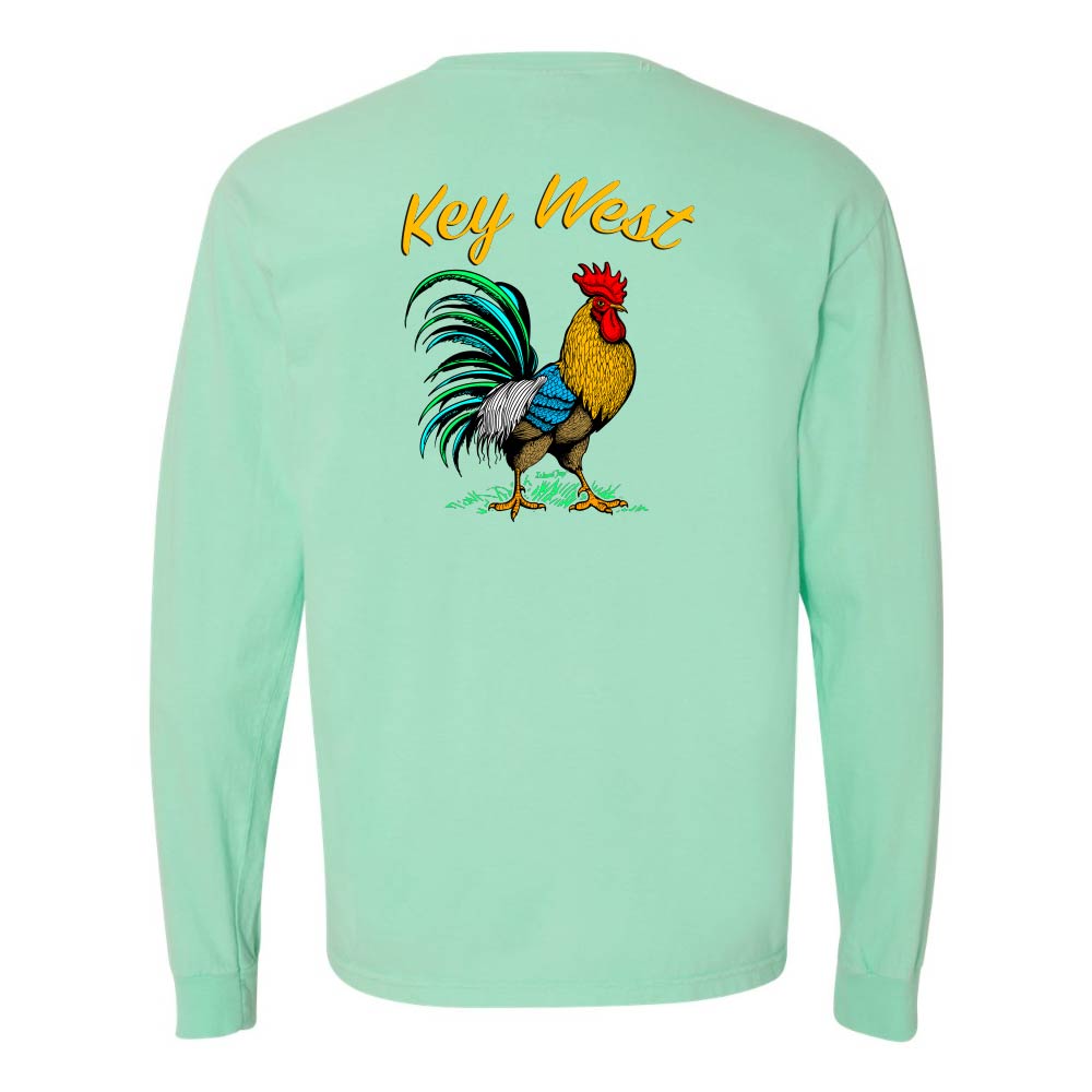 Mint green long-sleeve shirt with a colorful rooster graphic and 'Key West' text.