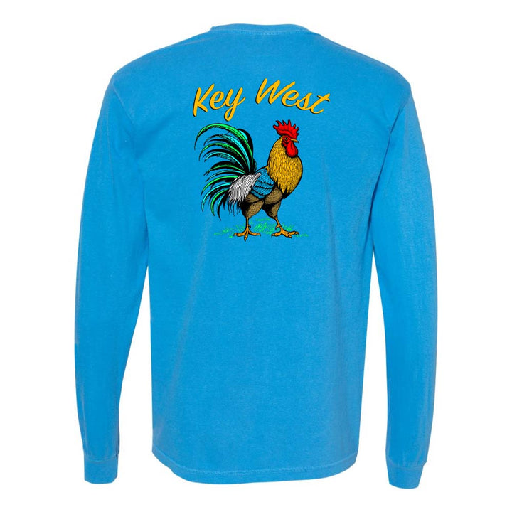 Blue long-sleeve shirt with a colorful rooster graphic and 'Key West' text.
