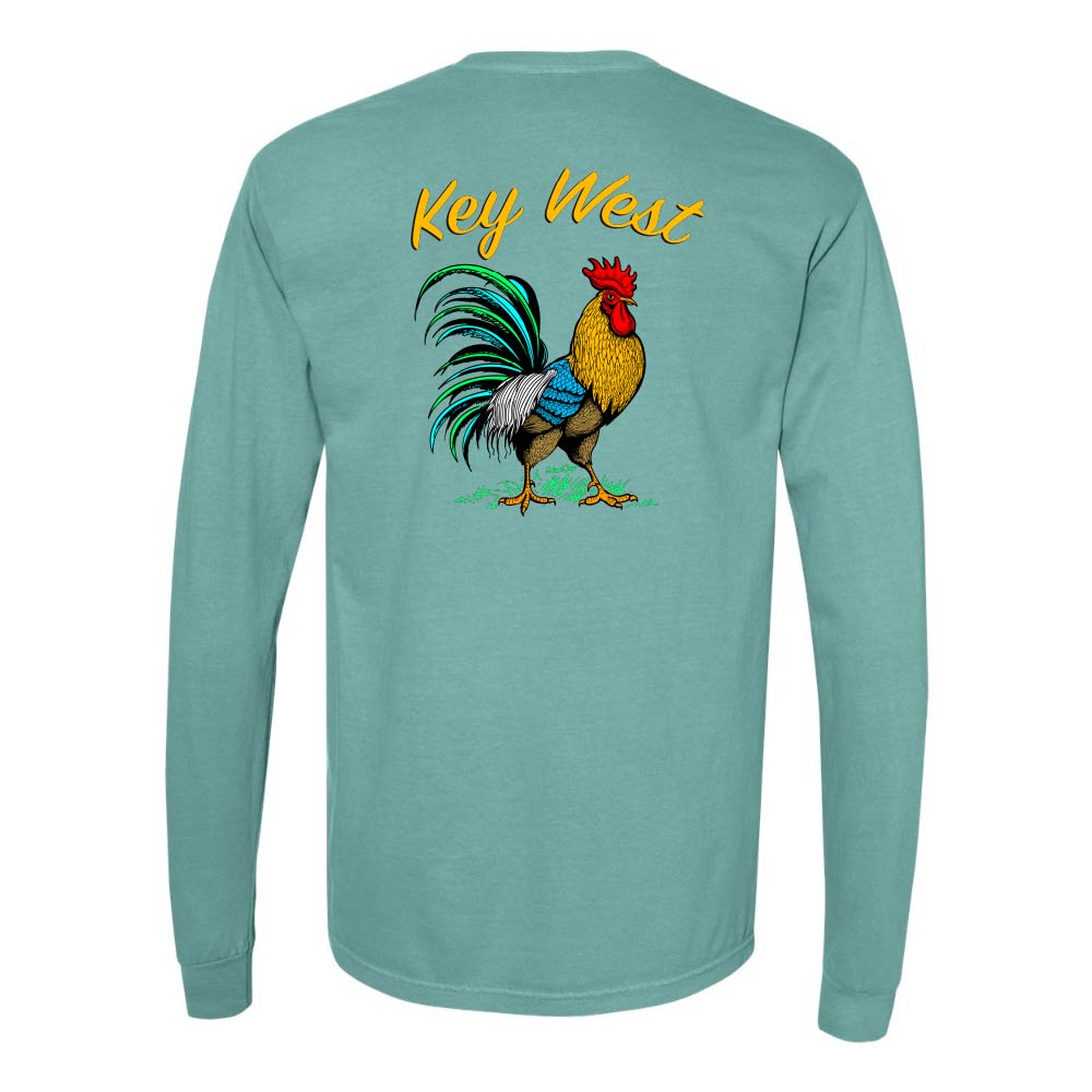 Teal/green long-sleeve shirt with a colorful rooster graphic and 'Key West' text.