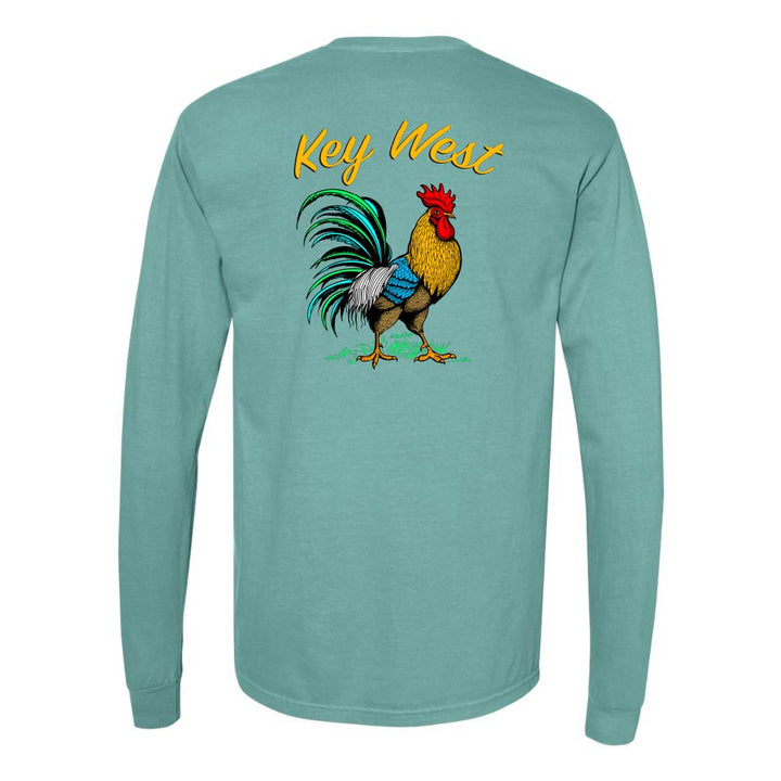 Teal/green long-sleeve shirt with a colorful rooster graphic and 'Key West' text.