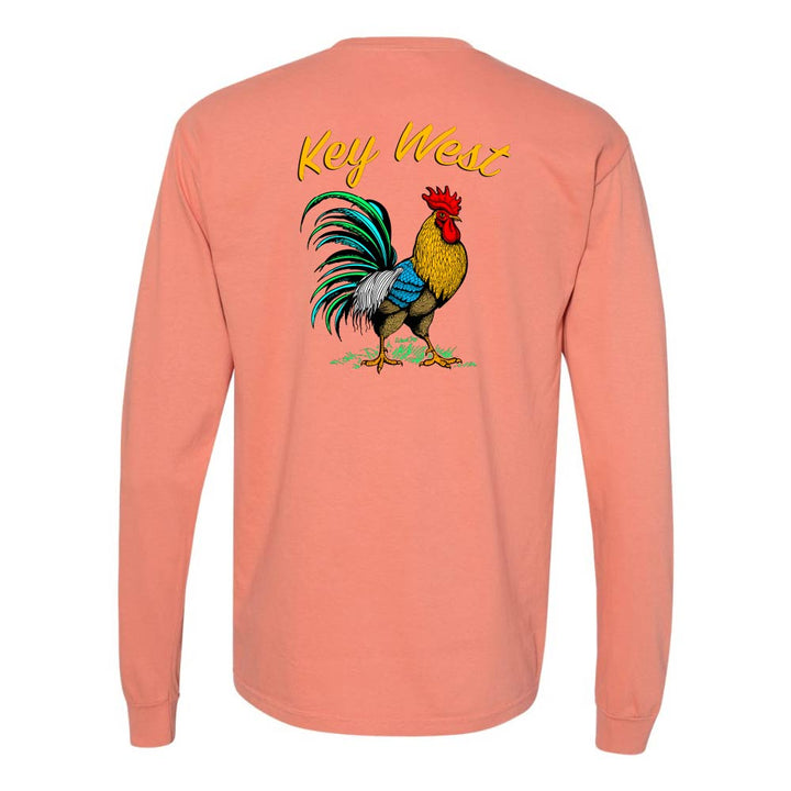 Light orange long-sleeve shirt with a colorful rooster graphic and 'Key West' text.