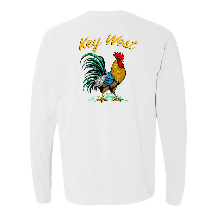 White long-sleeve shirt with a colorful rooster graphic and 'Key West' text.