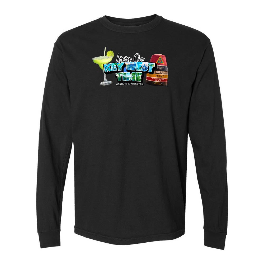 Black Long Sleeve T-Shirt with Margarita and Southernmost Point graphic with text reading "Living on Key West Time - Howard Livingston".