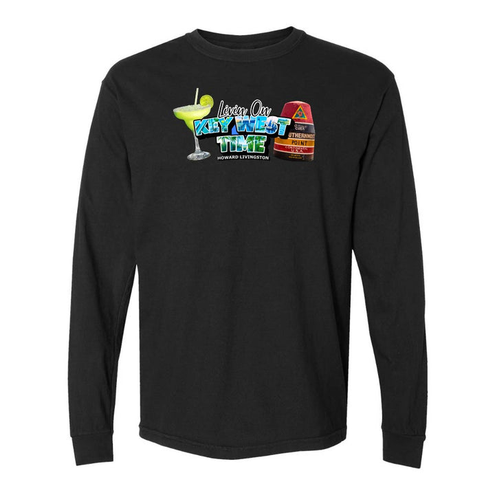 Black Long Sleeve T-Shirt with Margarita and Southernmost Point graphic with text reading "Living on Key West Time - Howard Livingston".