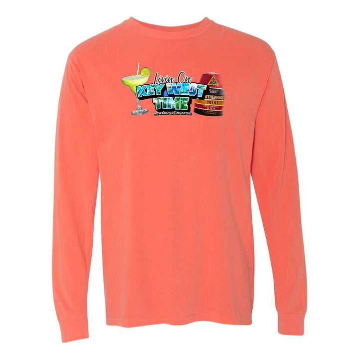 Light Orange/Red Long Sleeve T-Shirt with Margarita and Southernmost Point graphic with text reading "Living on Key West Time - Howard Livingston".