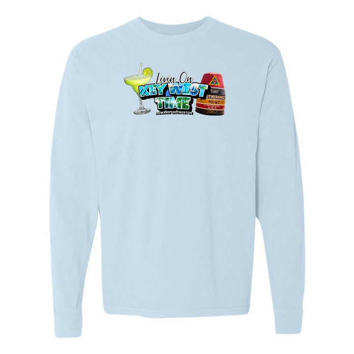 Light Blue Long Sleeve T-Shirt with Margarita and Southernmost Point graphic with text reading "Living on Key West Time - Howard Livingston".