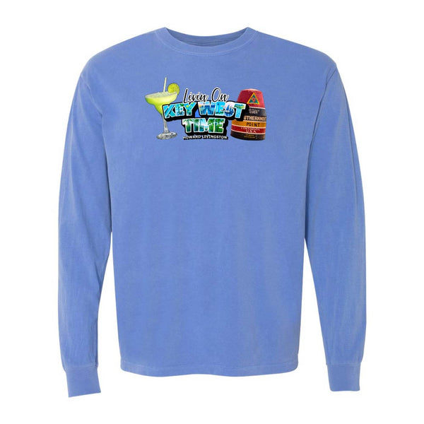 Blue Long Sleeve T-Shirt with Margarita and Southernmost Point graphic with text reading "Living on Key West Time - Howard Livingston".