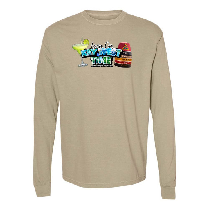 Khaki Long Sleeve T-Shirt with Margarita and Southernmost Point graphic with text reading "Living on Key West Time - Howard Livingston".