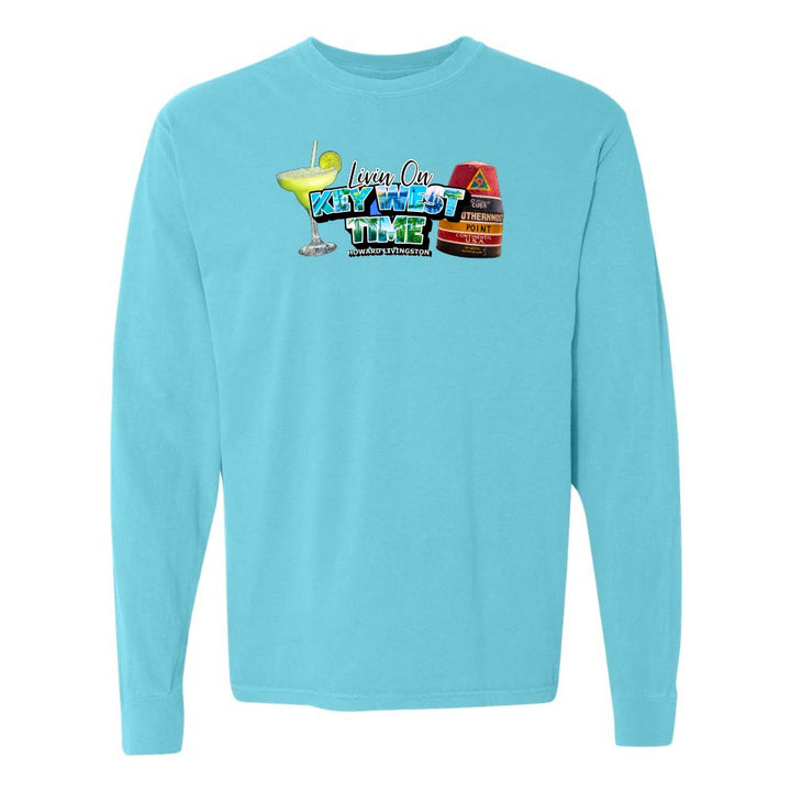 Light Blue Long Sleeve T-Shirt with Margarita and Southernmost Point graphic with text reading "Living on Key West Time - Howard Livingston".