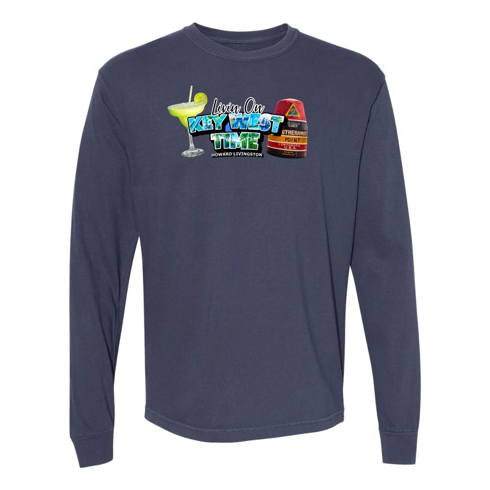 Navy Long Sleeve T-Shirt with Margarita and Southernmost Point graphic with text reading "Living on Key West Time - Howard Livingston".