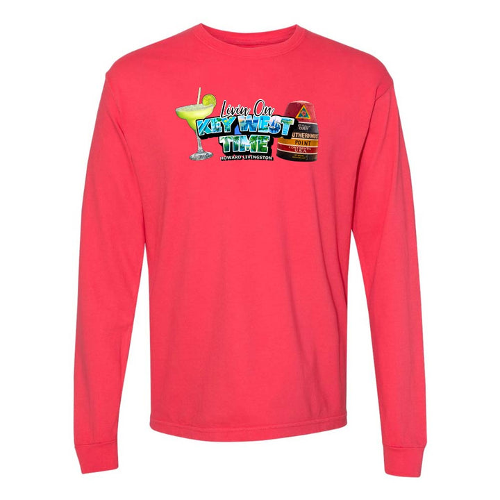 Red Long Sleeve T-Shirt with Margarita and Southernmost Point graphic with text reading "Living on Key West Time - Howard Livingston".