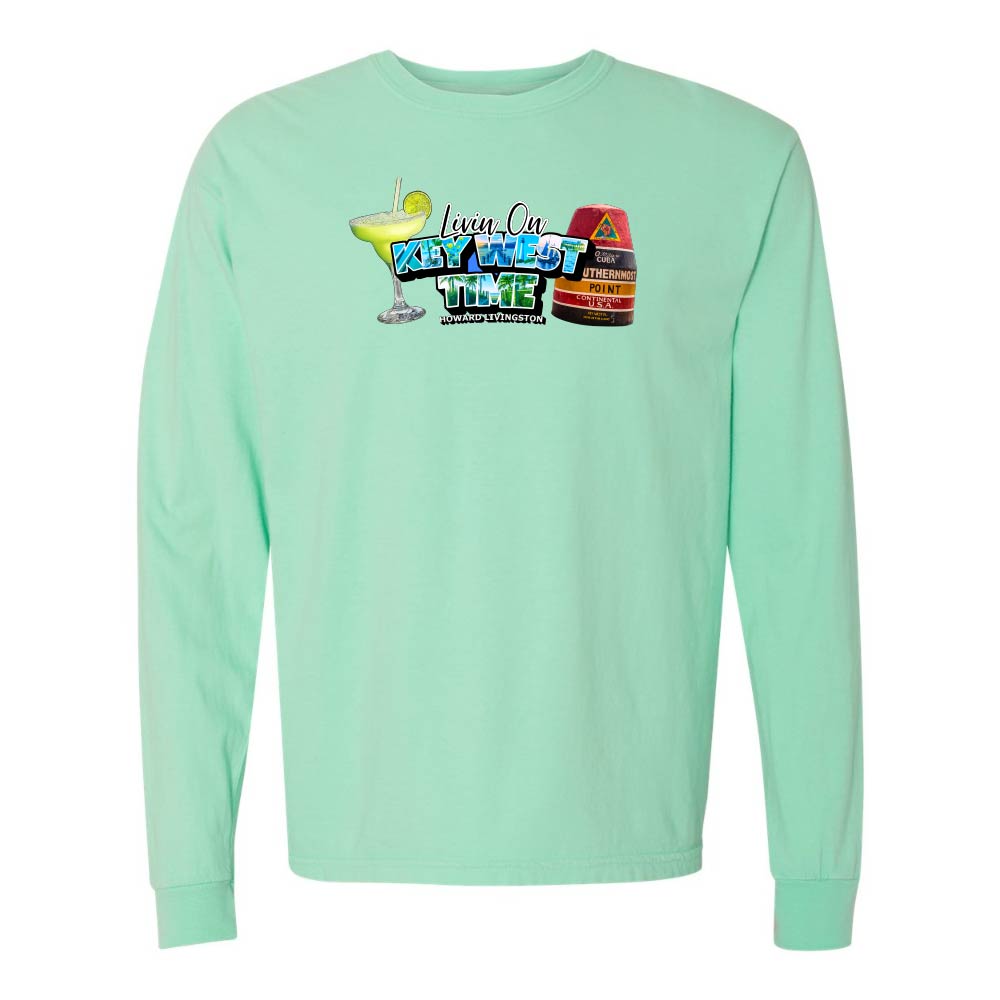 Light Green Long Sleeve T-Shirt with Margarita and Southernmost Point graphic with text reading "Living on Key West Time - Howard Livingston".