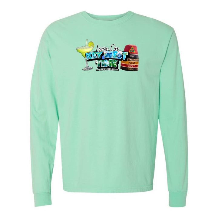 Light Green Long Sleeve T-Shirt with Margarita and Southernmost Point graphic with text reading "Living on Key West Time - Howard Livingston".