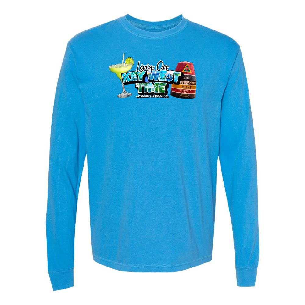Blue Long Sleeve T-Shirt with Margarita and Southernmost Point graphic with text reading "Living on Key West Time - Howard Livingston".