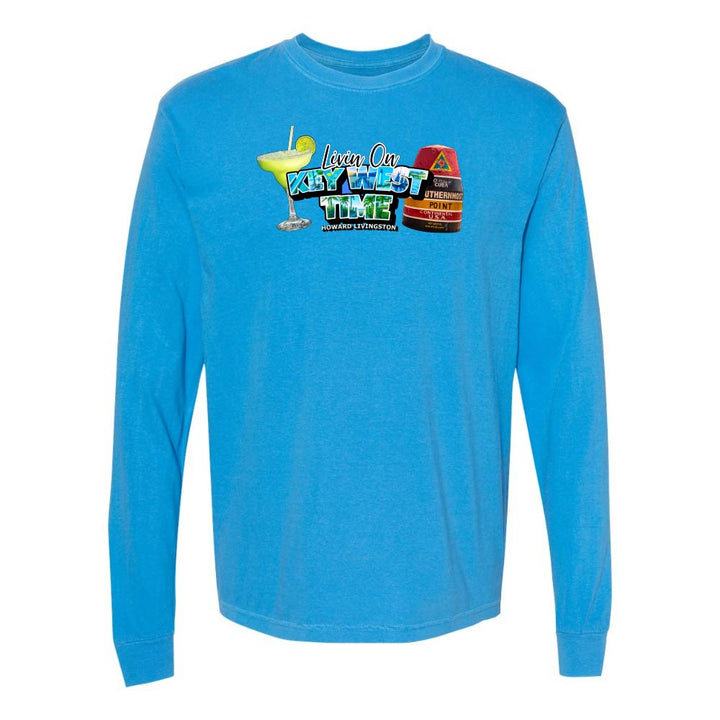 Blue Long Sleeve T-Shirt with Margarita and Southernmost Point graphic with text reading "Living on Key West Time - Howard Livingston".