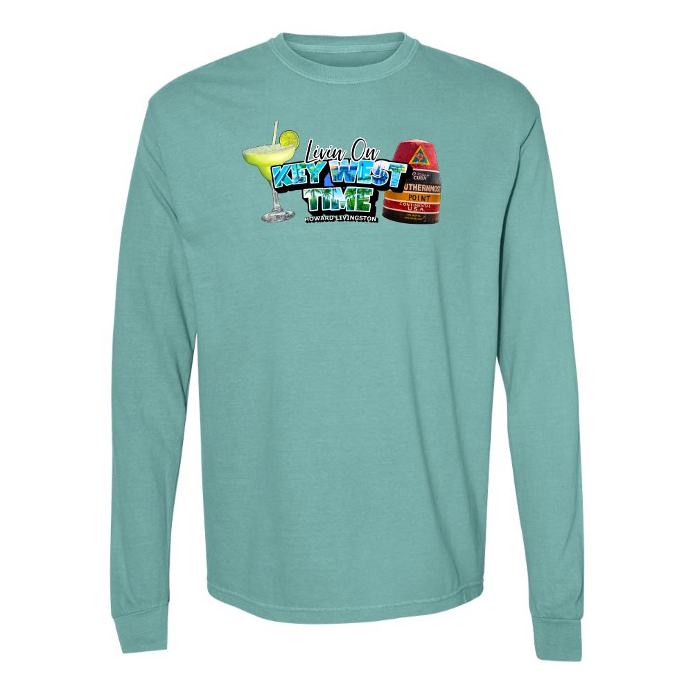 Teal Long Sleeve T-Shirt with Margarita and Southernmost Point graphic with text reading "Living on Key West Time - Howard Livingston".