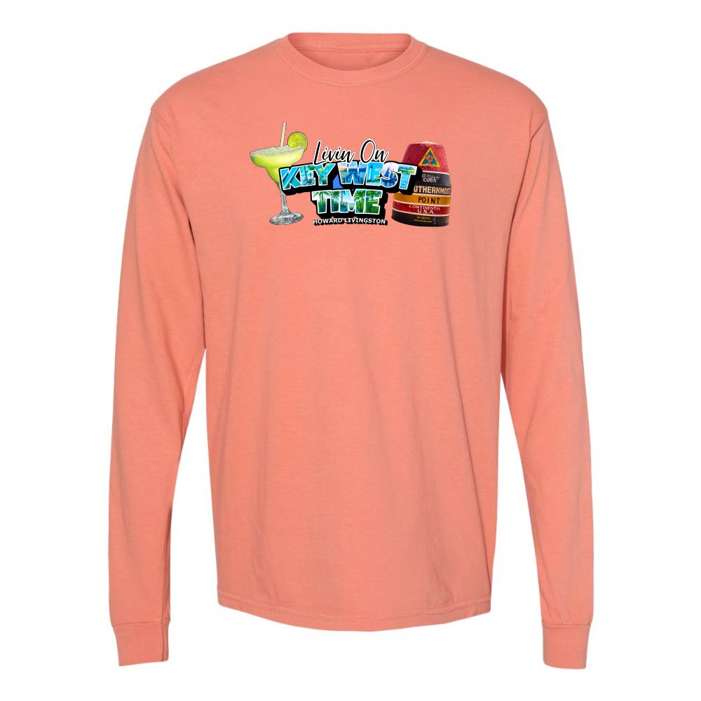 Light Orange Long Sleeve T-Shirt with Margarita and Southernmost Point graphic with text reading "Living on Key West Time - Howard Livingston".