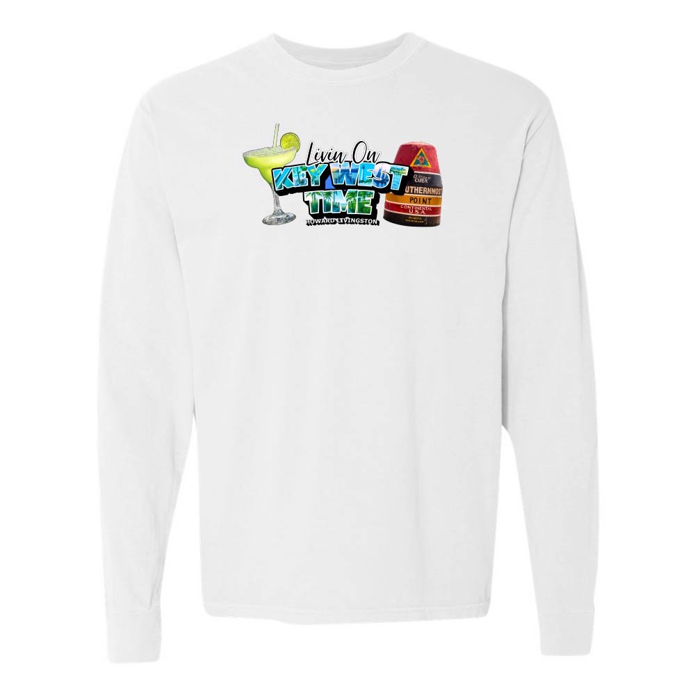 White Long Sleeve T-Shirt with Margarita and Southernmost Point graphic with text reading "Living on Key West Time - Howard Livingston".