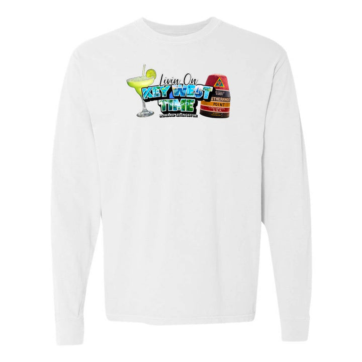 White Long Sleeve T-Shirt with Margarita and Southernmost Point graphic with text reading "Living on Key West Time - Howard Livingston".