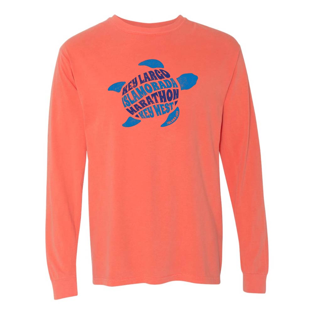 Light orange/red long-sleeve with a blue turtle graphic and text reading "Key Largo, Islamorada, Marathon, Key West".