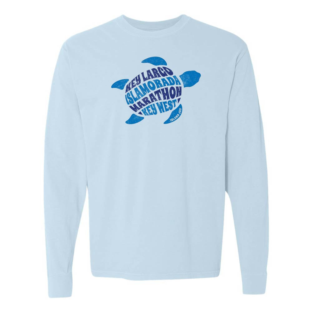 Light blue long-sleeve with a blue turtle graphic and text reading "Key Largo, Islamorada, Marathon, Key West".