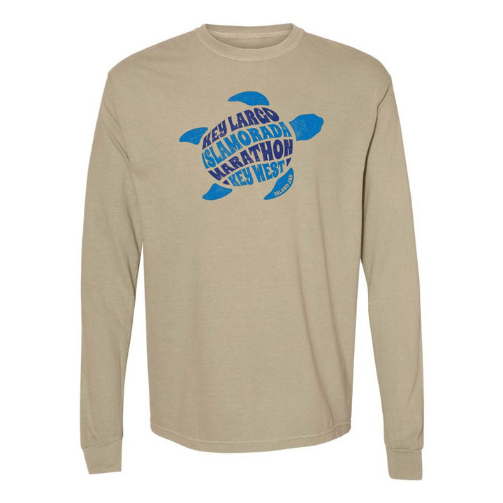 Khaki long-sleeve with a blue turtle graphic and text reading "Key Largo, Islamorada, Marathon, Key West".