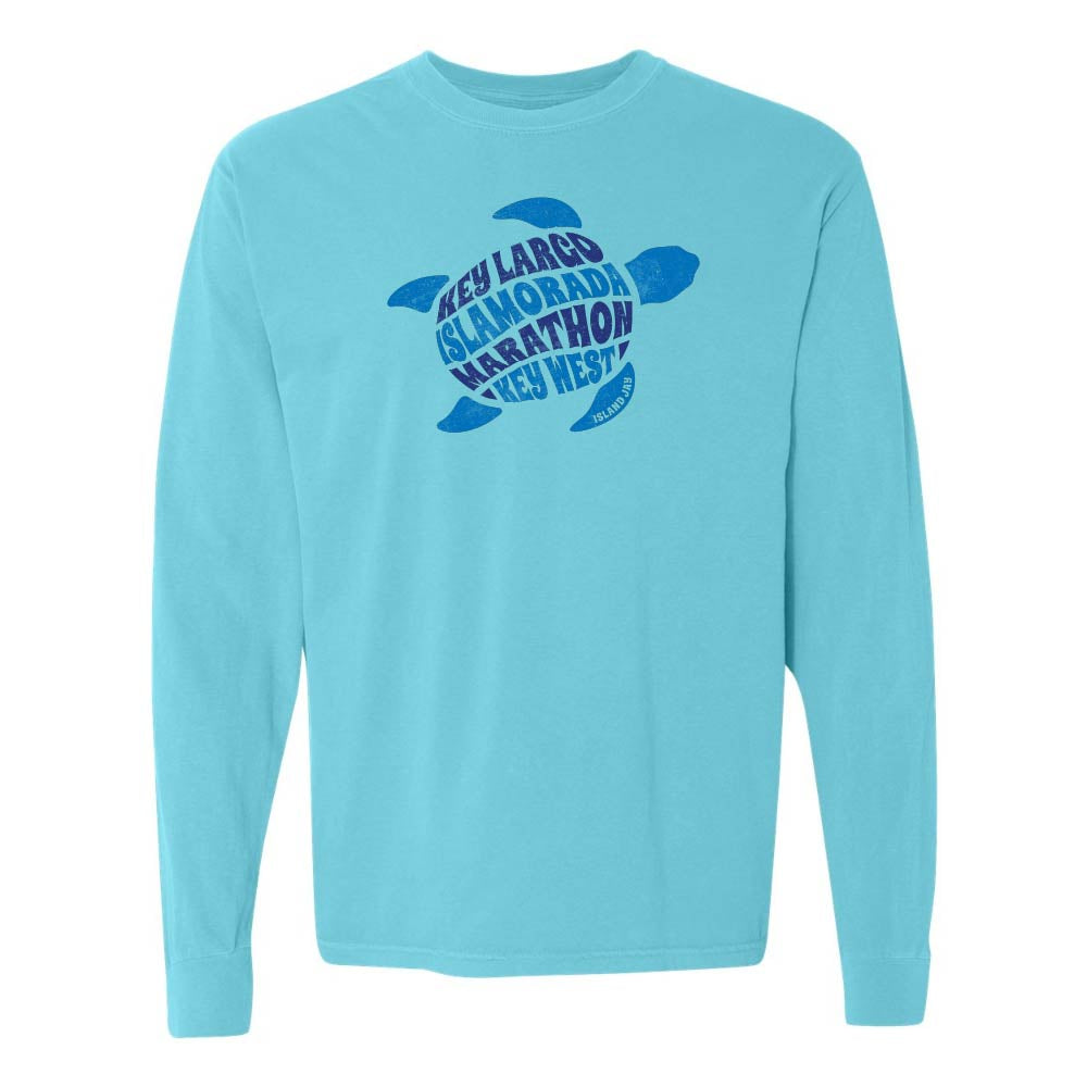 Light blue long-sleeve with a blue turtle graphic and text reading "Key Largo, Islamorada, Marathon, Key West".