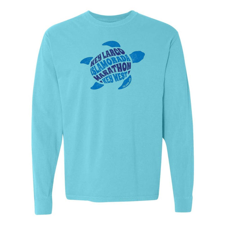 Light blue long-sleeve with a blue turtle graphic and text reading "Key Largo, Islamorada, Marathon, Key West".