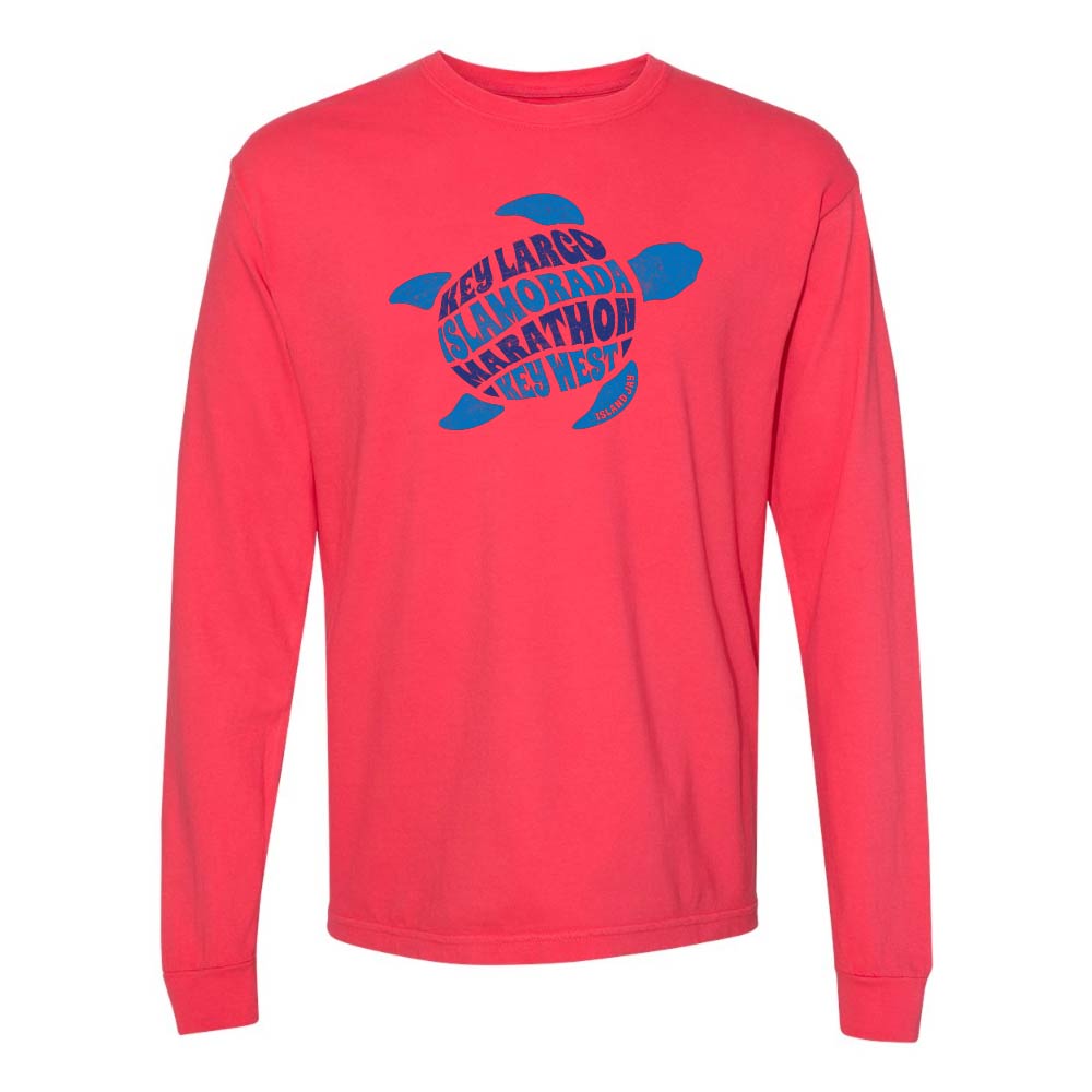 Red long-sleeve with a blue turtle graphic and text reading "Key Largo, Islamorada, Marathon, Key West".